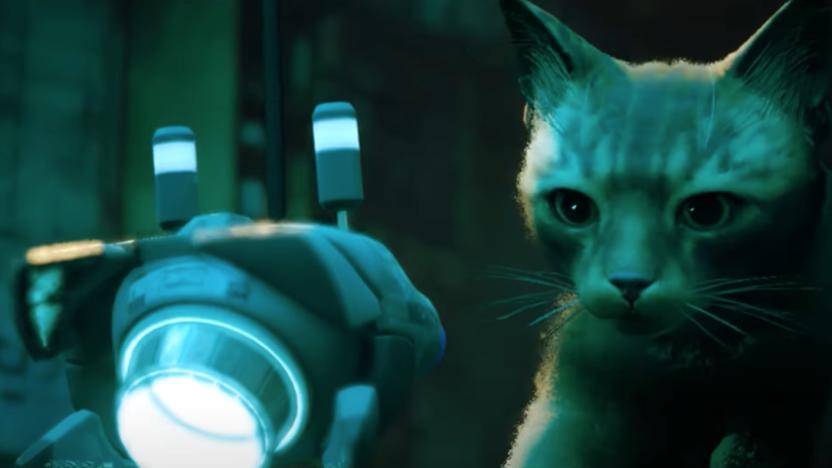 A screenshot from Stray showing a cat and a bot.