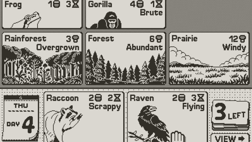 A still from the Playdate game Spilled Mushrooms showing game cards on a virtual board. The cards depict a frog, gorilla and the habitats rainforest, forest and prairie. Two more cards representing the player's hand are shown at the bottom: a raccoon and a raven