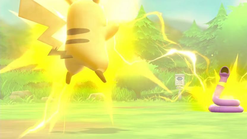 Pikachu is shown hovering off the ground and surrounded by electricity as a bolt hits the snake Pokemon Ekans in a still from Let' Go Pikachu