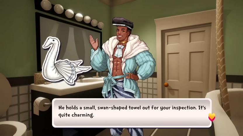 Screenshot from the bizarre video game Date Everything! A person, dressed somewhat like Liberace, talks about his swan-shaped towel.