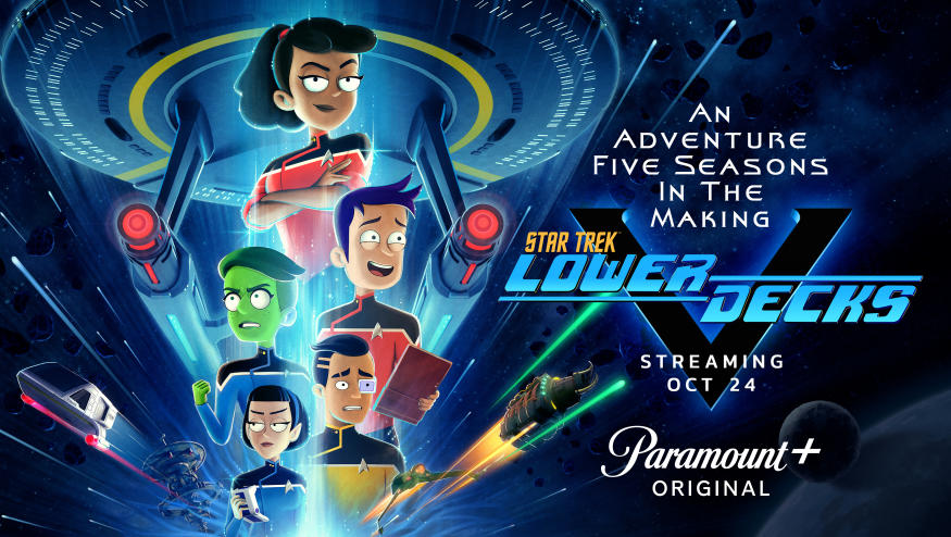 L-R Tawny Newsome as Ensign Mariner,  Noel Wells as Ensign Tendi, Jack Quaid as Ensign Brad Boimler, Gabrielle Ruiz as T\'Lyn and Eugene Cordero as Ensign Rutherford  appearing in season 5 key art of Lower Decks streaming on Paramount+, 2024. Photo Credit: Paramount+ 