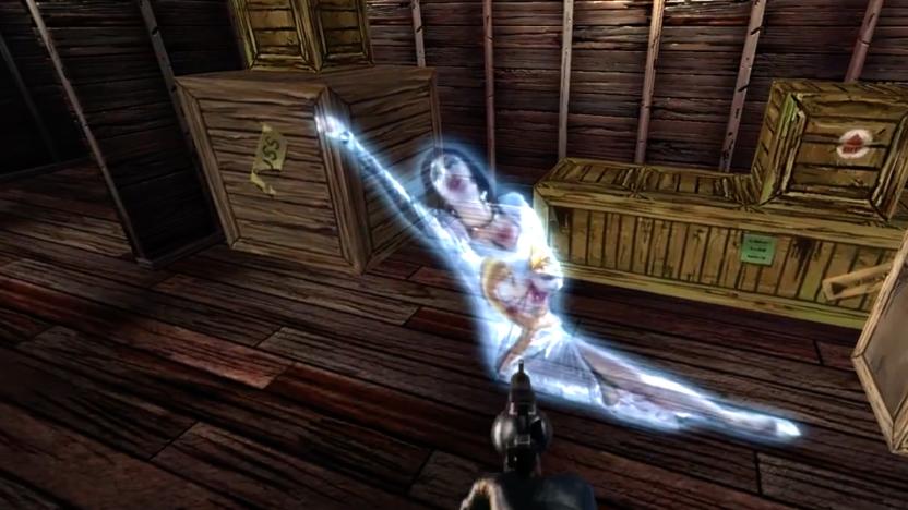 A shot from the game showing a gun and a ghost.